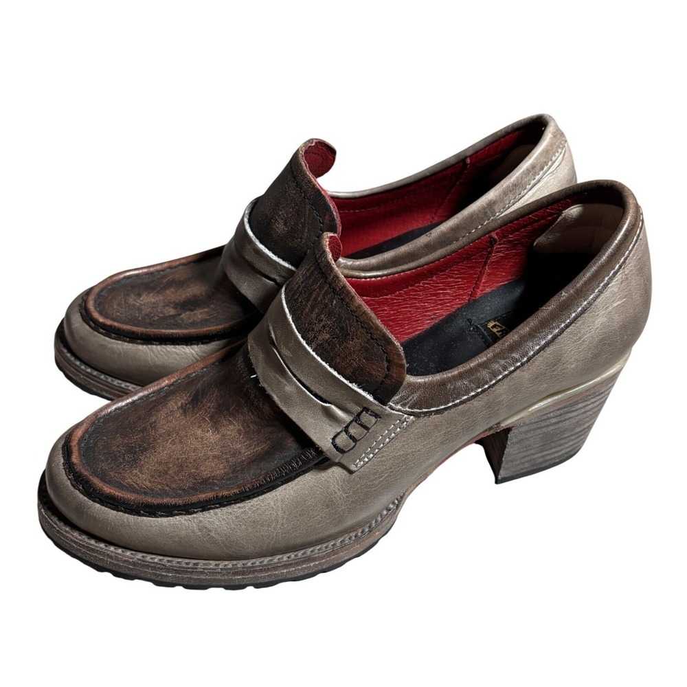 Freebird by Steven 9 Brown Leather Block Heel Penny Loafers Lug Sole Shoes Moto